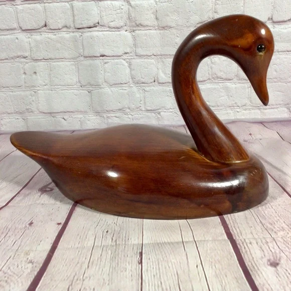 Vintage Hand Carved Wood Swan with Glass Marble Eyes - Picture 1 of 12